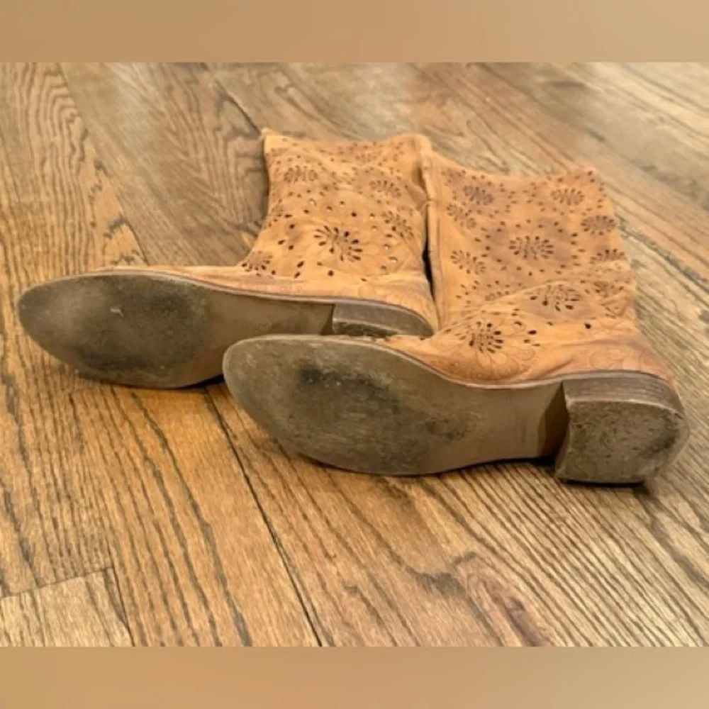 Italian Made Tan Suede Cutout Calf-Length Boots Laser Cut Leather Booties EU 39